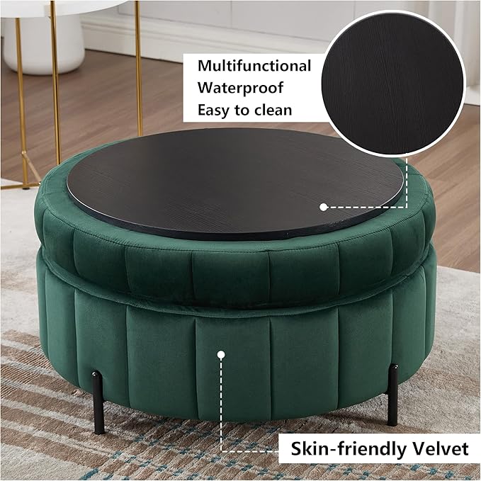 31.5 Velvet Round Storage Ottoman GreenReversible Lid Upholstered Ottoman Coffee TableCircle Foot Stool for Living RoomBedroom
