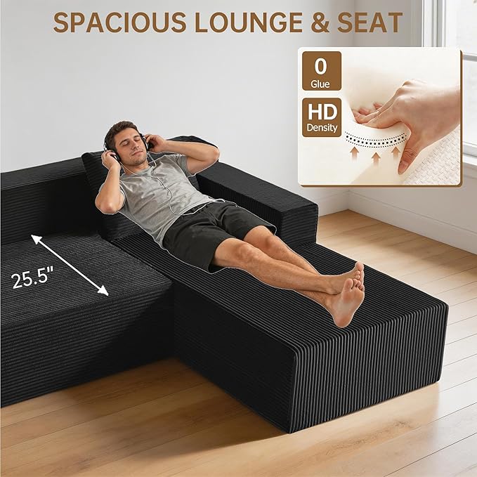 103 Cloud Sectional Sofa Boneless L-Shape Couch with Chaise Modern Minimalist Modular Couch for Living Room Free Combination Deep Seat No Assembly Required Premium Corduroy Black R