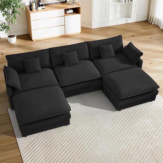 Cloud Couch Sectional Modular Sofa114.4 Comfy Black Sectional Couches for Living Room Upholstered U Shape 3 Seat Deep Cloud Sofa with Movable Ottoman DIY Combination Velvet Black