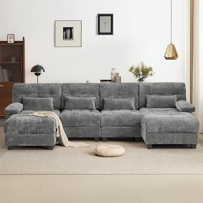 119'' Modular Sectional Cloud Couch with 2 OttomanDeep Seat Sleeper Sofa U Shaped Sectional CouchConvertible Upholstered Comfy Chenille Sectional Sofa for Living RoomBedroom(Grey)
