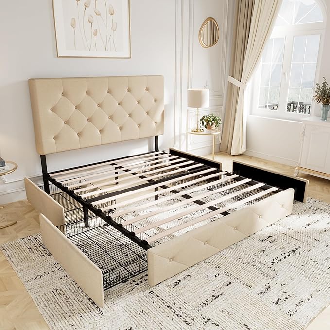 Allewie Upholstered Full Size Platform Bed Frame with 4 Storage Drawers and Headboard Diamond Stitched Button Tufted Mattress Foundation with Wooden Slats Support No Box Spring Needed Beige