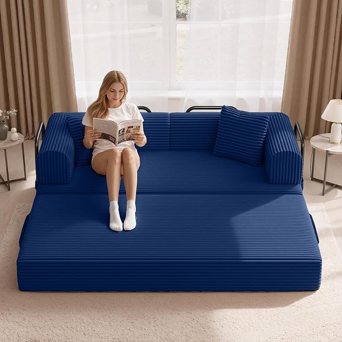 Convertible Corduroy Sleeper Sofa Bed with Cylindrical Pillow Folding Mattress Couch with Fixed-Shape Frame Floor Sofa Lounge Couch for Living Room Bedroom Lounge Studio Blue