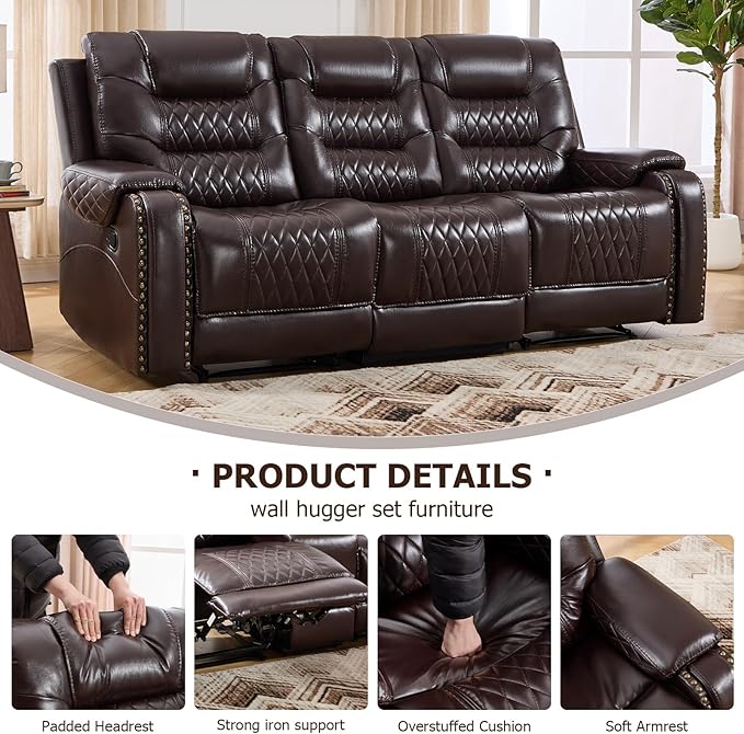 EBELLO Manual Reclining Sofa for Living Room Faux Leather 3 Seater Reclining Couch Chair Vintage Rivet Mid-Century Modern Design Furniture for Living Room Meeting Room Dark Brown