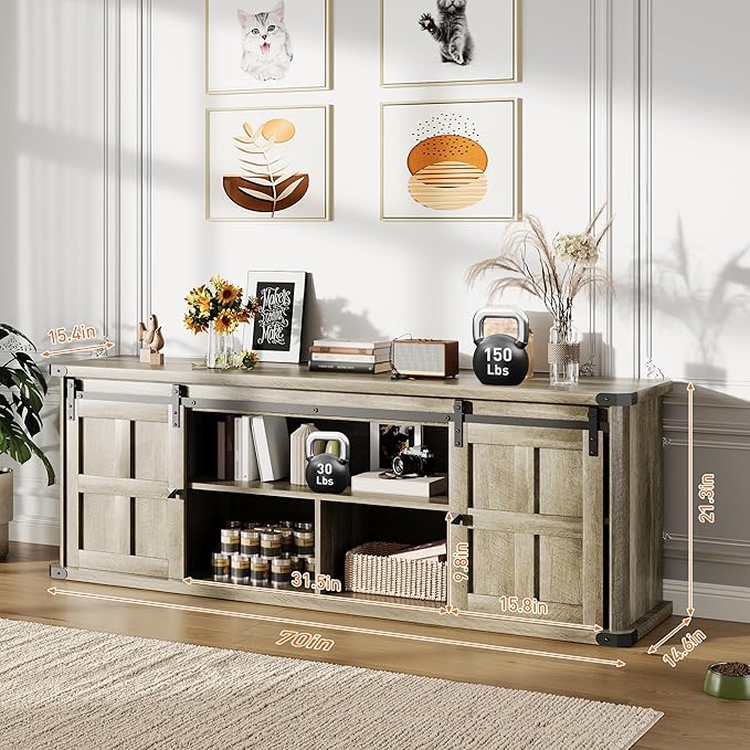 GAOMON 70 Farmhouse TV Stand for 80/75/70 Inch TVsEntertainment Center Storage Cabinets w/Power Outlets and Sliding Barn DoorRustic TV Stands for Living RoomMedia Console Cabinet