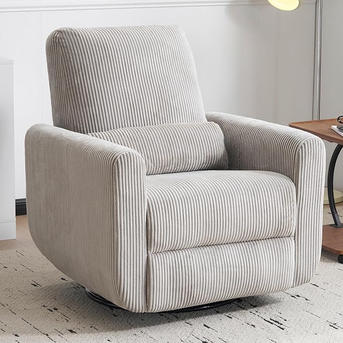 360° Swivel Glider Recliner Chair Oversized Rocker Recliner with Heating and Massage Glider Chair for Nursery with Pillow24 Extra Wide Rocking Chair for Living Room Corduroy Grey