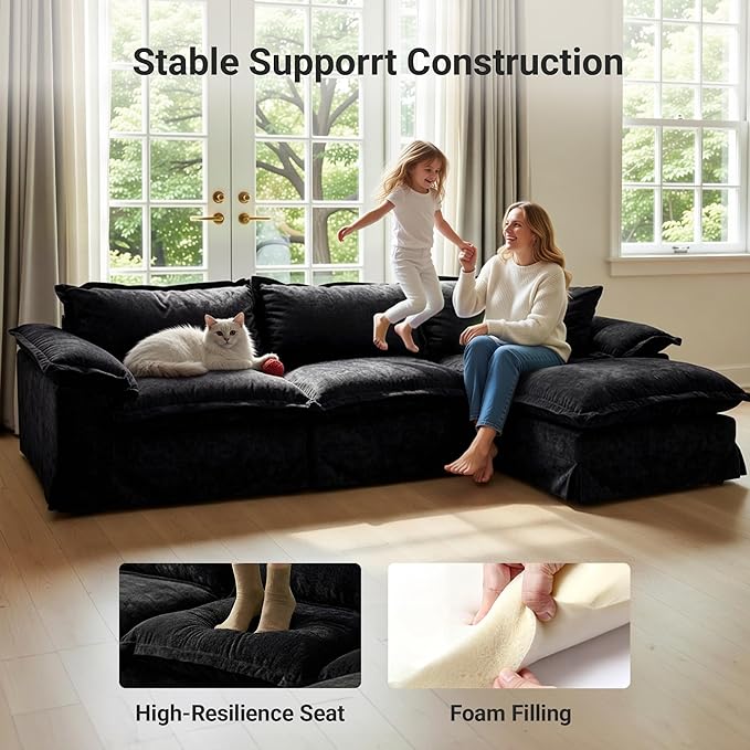 Claiks 123 Modular Boneless Couch U Shaped Couch for Living Room Modern Deep Seat Sofa 3 Seater Chenille Fabric Comfy Cloud Couches with Movable Ottoman Black