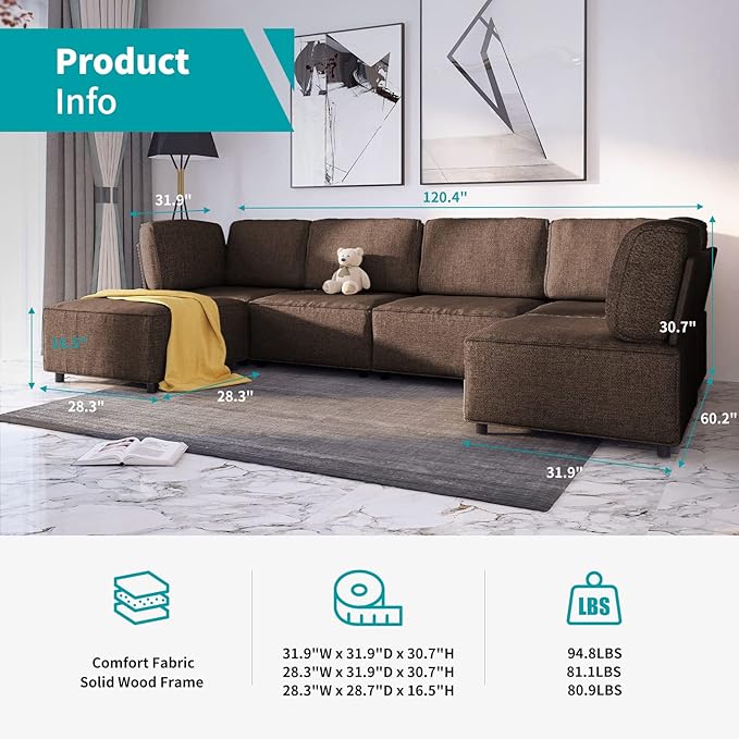 BALUS 120 Sectional Sofa for Living RoomU Shaped Modular Sofa Couch with Ottoman 6-Seat Oversized Sleeper Sofas Deep Seat for Apartment Home OfficeLinen Fabric Brown