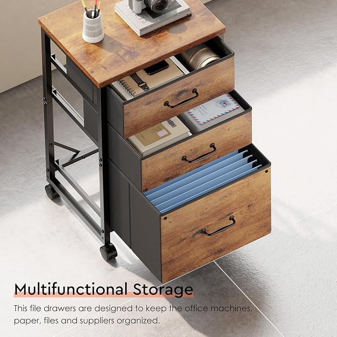 3 Drawer Mobile File Cabinet with Wheels Fabric Vertical Filing Cabinet fits A4 or Letter Size for Home OfficeRustic Brown2