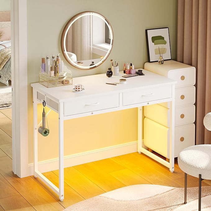 Pinmoco42 inch Writing Desk with 2 Fabric Drawers&amp RGB LED Light Study with Hanging Hook for Small Spaces Home Office White