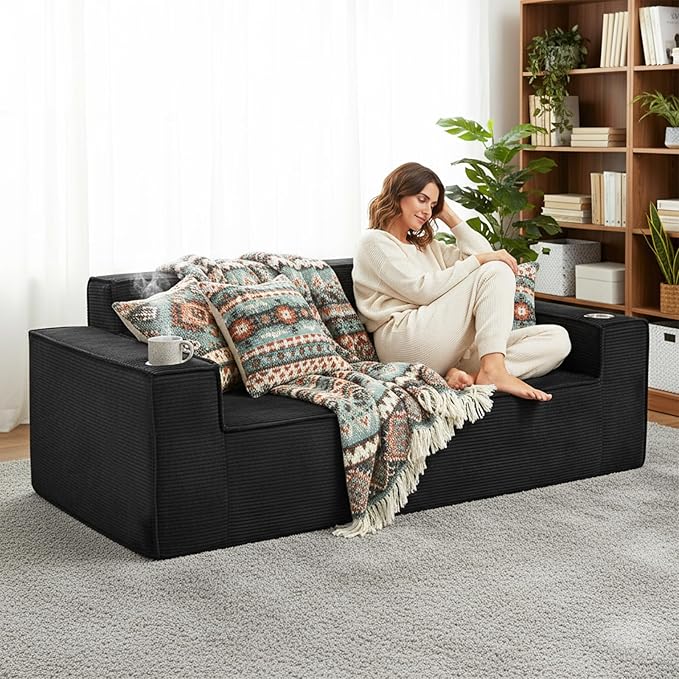 75 Cloud Boneless Loveseat Couch – No Assembly Required Corduroy Sofa with Cup Holders High-Density Memory Foam 3 Seater Comfy Couches for Living Room Bedroom Apartment Black