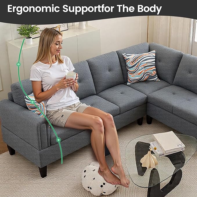 L Shaped Couch Sectional Couches with Chaise Fluffy Fabric 3 Pieces Modular Convertible Sofa for Living Room Furniture Sets and Small Apartment Dark Gre