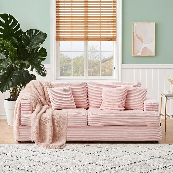 Modern Cloud Couch 3-Seater with 4 Matching Toss Pillows 88.58 Soft Corduroy Sofa with Deep Seat for Small Spaces Living Room Apartment (Pink)