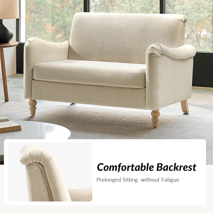 HULALA HOME 50.5 Loveseat Sofa with Solid Wood Spindle Legs 2 Seater Farmhouse Sofa with Rolled Wide Armrests Comfy Upholstered Small Couch for Living Room Bedroom Linen