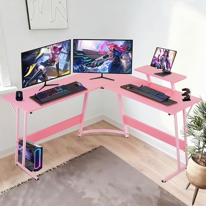 Bigacc L Shaped Gaming Desk 50 Corner Desk Spacious Dual Tops P2 Particleboard Metal Z-Legs Adjustable Non-Slip Pads Scratch/Waterproof Multi-Use Home Office/Game Room/Dorm