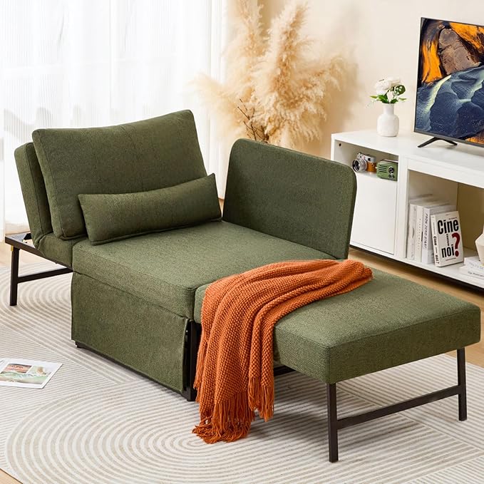 Sleeper Chair Bed Upgrade 4-in-1 to 5-in-1 Convertible Multi-fuction Sofa Chair w/Adjustable Backrest Assembly-Free Linen Folding Sofa Ottoman Bed for Living Room Apartment (Deep Green)