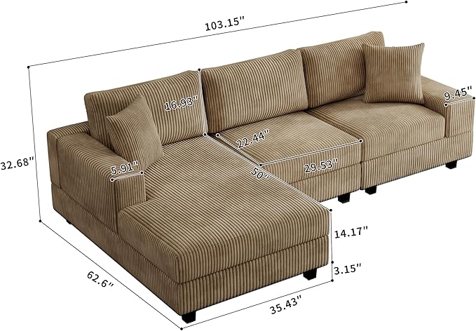 ERYE L-Shaped Reversible Chaise Sectional Sofa Corduroy Upholstered Corner Tufted Sofa Couch with Reversible Chaise LoungeHeadrestsRemovable Armrests and 2 Pillows