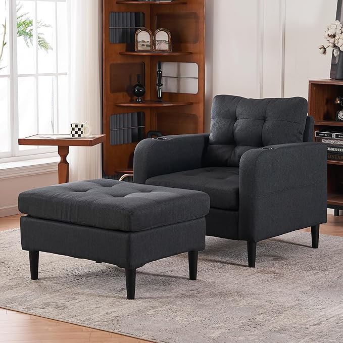 Accent Chair with Ottoman Set Upholstered Armchair with Storage Ottoman Cup Holders &amp Side Pocket Single Sofa Chair with Tufted Detailing for Living Room or Bedroom (Dark Grey)