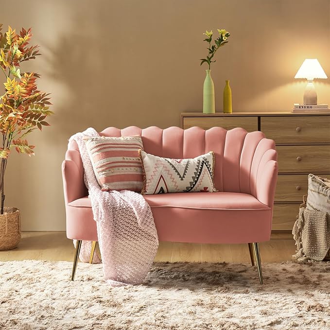 Velvet Upholstered Loveseat Sofa with Gold Metal Legs Modern Comfy Small Love Seat with Flower Shaped Back 2-Seater Sofa Accent Couch for Living Bedroom Leisure Areas