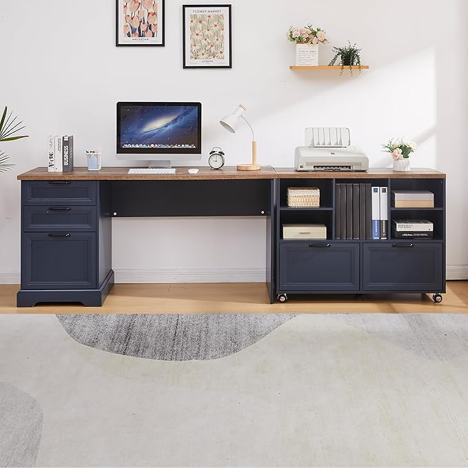 60L-Shaped Executive Desk with 40Adjustable File CabinetFarmhouse Home Office Desk with Charging StationOffice Desk with Storage DrawersWood Computer Desk Set for Office WorkHome Study (Blue)