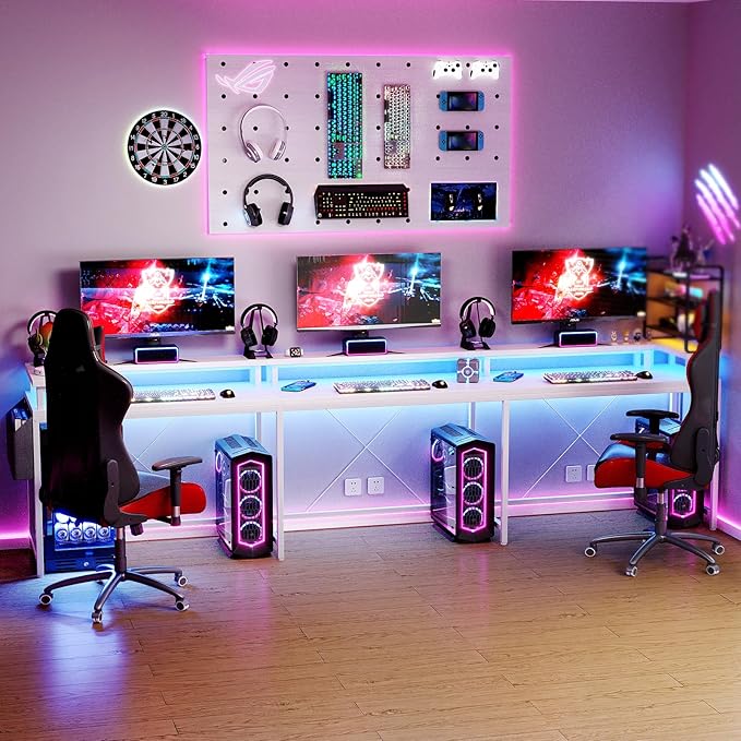 U Shaped Desk with Power Outlets USB Ports &amp RGB LED Lights 79 Inch Large Corner Computer Desk with Monitor Stand Reversible Gaming Desk for Home Office Ergonomic Workstation (White)