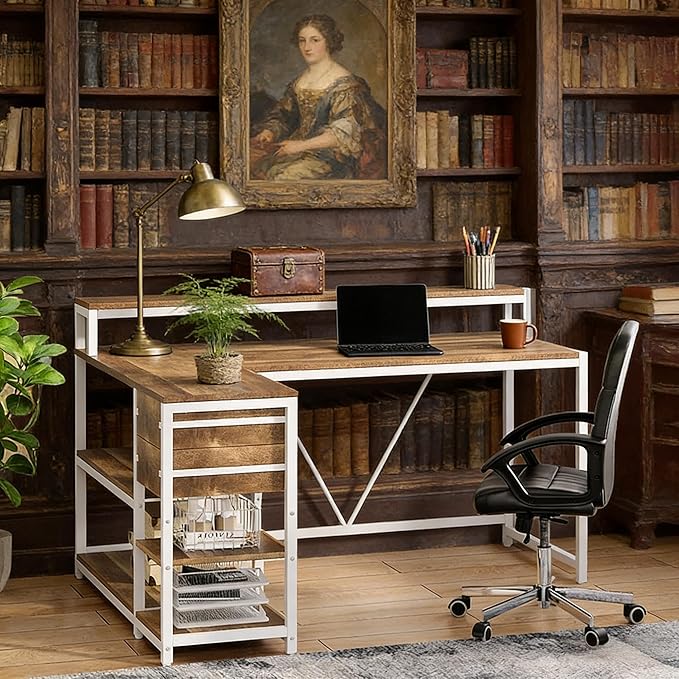55 L Shaped Office Desk with Drawers &amp Storage Reversible Executive Office Desk with 4 Shelves Large Corner Computer Desk with Elevated Monitor Stand for Home Office Gaming (White+Oak)