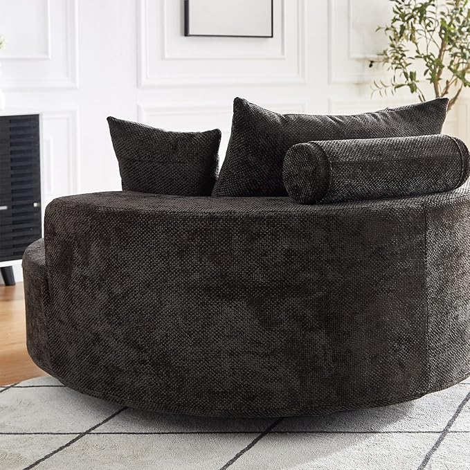 55 inch 360° Swivel Accent Chair Chaise Lounge Chair Indoor Oversized Round Swivel Accent Chair Modern Chenille Single Sofa Chair Deep Seat Chair for Living Room Bedroom Apartment Black