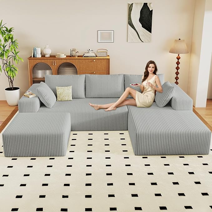 96 U-Shape Cloud Couch Modern Modular Sectional L-Shape Sofa with Ottoman Corduroy Upholstered Couches Deep Seat Chaise Longue for Living Room No Assembly Required(Light Gray Right Facing)