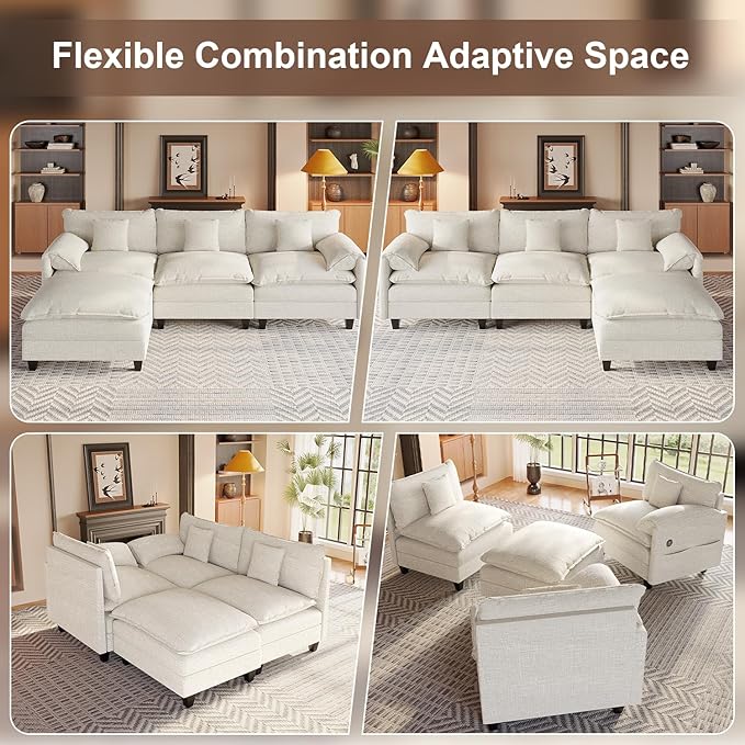 108 Modular Sectional Sofa with Movable Ottoman Plush Double-Layer Cushion Cloud Couch with USB Charging Ports &amp Side Storage Pockets Chenille L Shaped Modern Sofa Couches for Living Room Whit