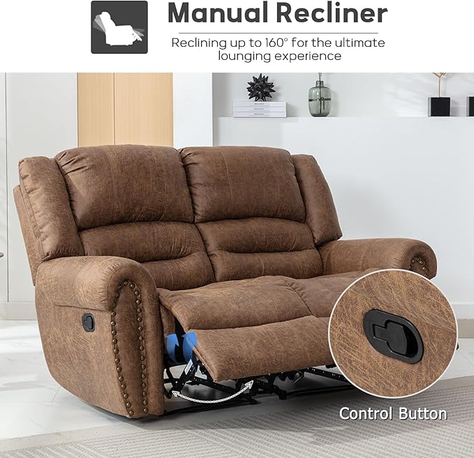 EBELLO Faux Leather Manual Loveseat Recliner 2 Seat Reclining Sofa Chair with Soft Padded Seat Backrest Couch Sofa Set for Living Room Bedroom Furniture Meeting Room Brown (Loveseat)