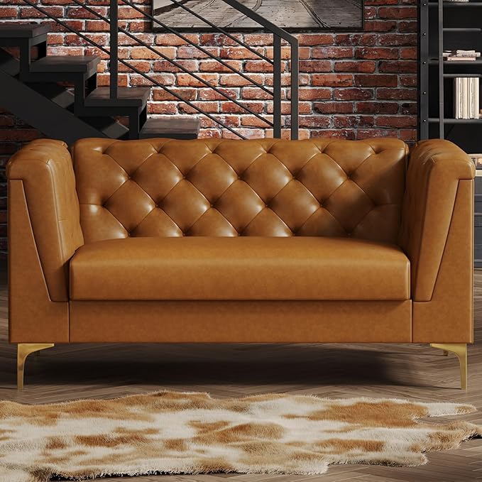 60 Mid-Century Modern Sofa CouchFaux Leather 2 Seater Sofa and Comfortable CushionsComfy Deep Seats Sofa Modern Couch for Living RoomOffice Apartment Small SpaceTool-Free AssemblyBrown