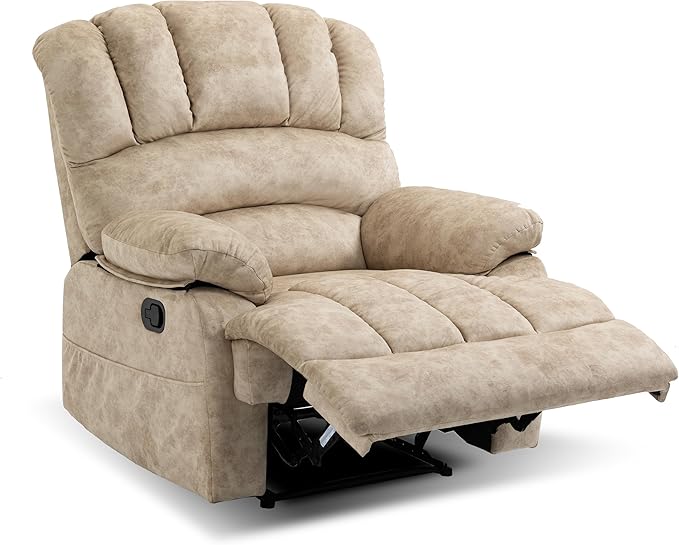 Luxlen Large Manual Recliner ChairSoft Fabric Push Back Recliner with Overstuffed Armrest and Backrest Living Room Single Sofa ReclinersBeige