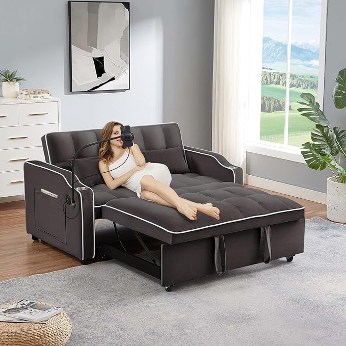 JEEOEHY 3 in 1 Convertible Sleeper Sofa BedVelvet Pull Out Couch Bed w USB&ampType C PortComfy Futon Loveseat with Adjustable Backrest&ampPhone Holder for Living Room Apartment Small Space(Brown)