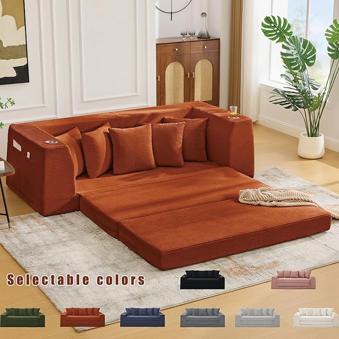 KEIKI 82 Corduroy Modular Sectional Sofa Bed with 5 Pillows &amp 2 Side Pocket &amp 2 Cup Holders Convertible 3-Seater Sleeper Couch with Memory Foam Cushion No Assembly Required for Living Room