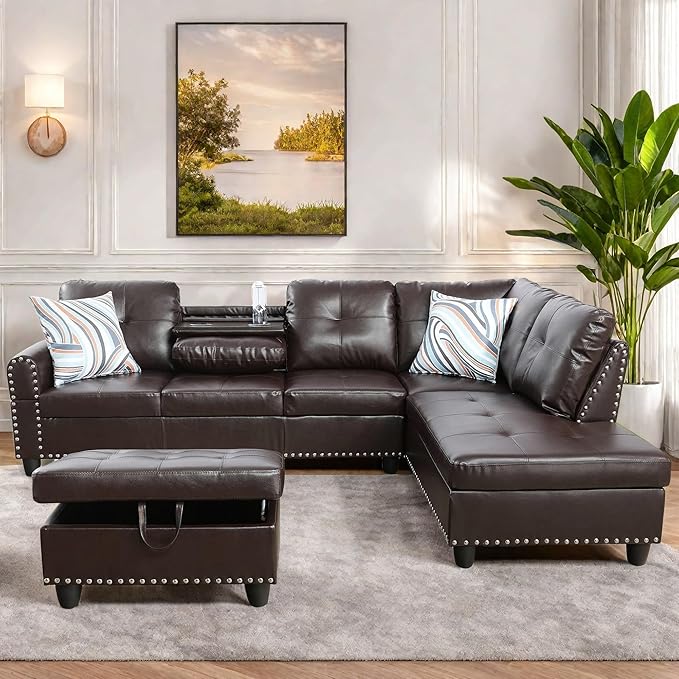 FONTOI Leather Sectional Couch with Otttoman 97 L Shaped Couch Sectional Sofa for Living Room Modern Modular Couches with Cup Holders for Bedroom Apartments Brown