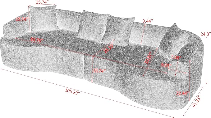 Oversized Sectional Boneless Sofa for Living Room 106 Modern Luxury Chenille Sofa 4-Seater Extra Deep &amp Wide Seat Curved Cloud Couch with 4 Throw Pillows Grey