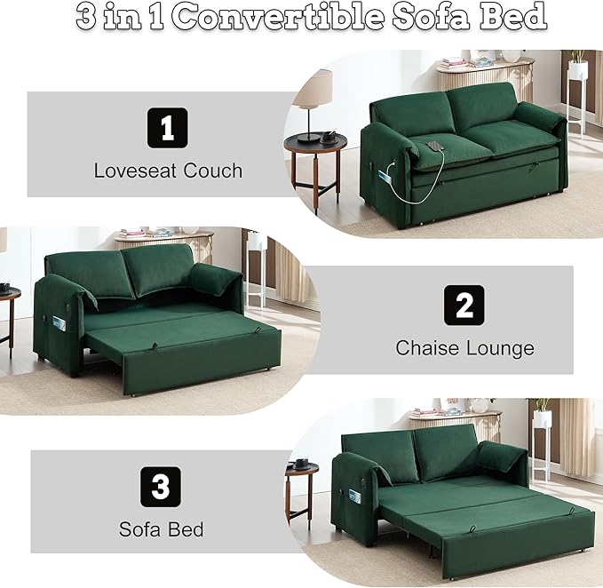 63 Velvet Pull Out Sofa Bed 3-in-1 Convertible Futon Loveseat Queen Sleeper Sofa Couch Bed with Adjustable Backrest USB Ports &amp Side Pockets Modern Sofas for Living Room Apartment Green