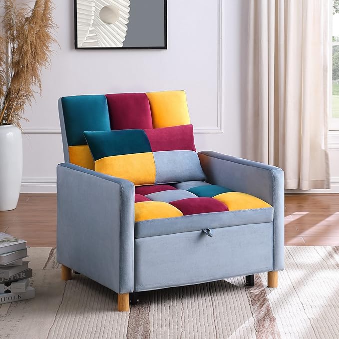 3-in-1 Convertible Chair Sleeper Sofa Bed with Adjustable Backrest Sleeper Chair Pull Out Bed for Small Space (Rainbow)