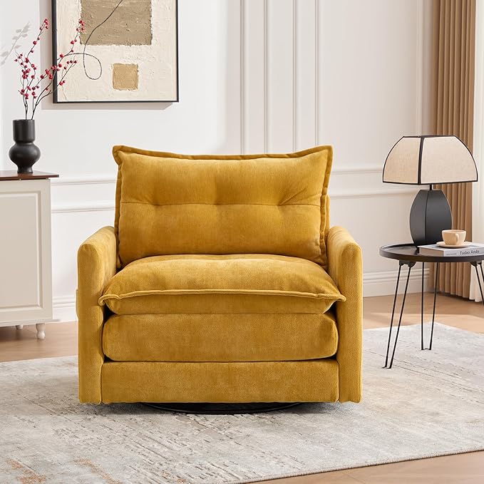 36.2” Swivel Accent Chair with Side Pockets Mid Century Modern Armchair with Solid Metal Base Comfy Single Sofa Chair 360 Degree Swivel Barrel Chairs for Living Room Bedroom (Mustard Yellow)