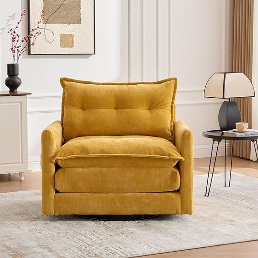Mid Century Modern Swivel Accent Chair Overstuffed Thick Pad Arm Chair with Solid Metal Base Comfortable 360° Rotation Single Sofa for Living Room Bedroom Office (Mustard Yellow Chenille)