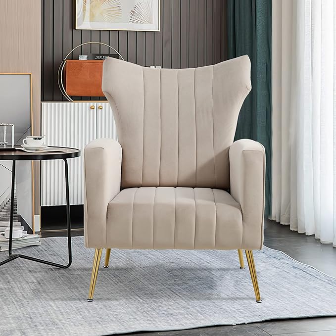 Modern Velvet Accent Chair with Arms Wingback Reading Chair with Gold Metal Legs Comfy Upholstered Single Leisure Sofa for Living Room Bedroom Club(Velvet+Grey)