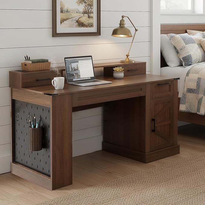 55 Farmhouse Office Desk with Storage Cabinet &amp Charging Station Barn Door Design Computer Writing Desk with Keyboard Tray Monitor Stand &amp Pegboard for Study Home Office (Dark Walnut)