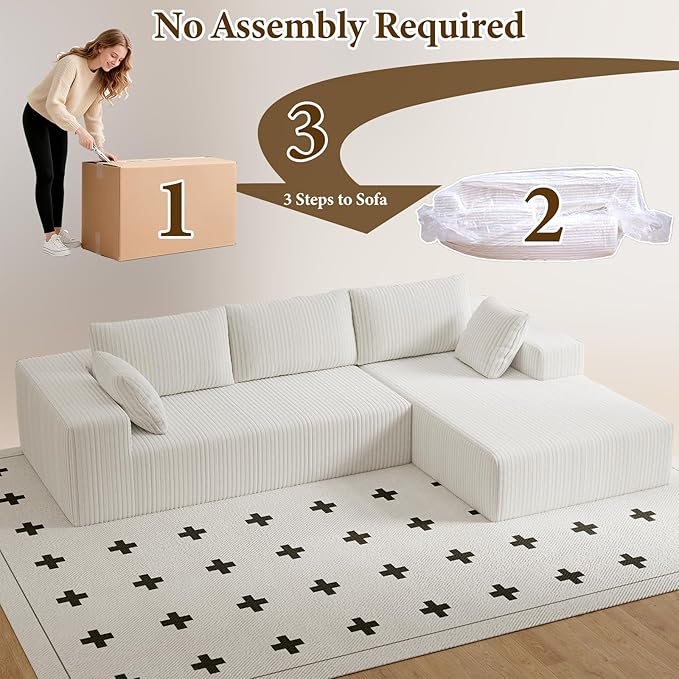 Boneless Couch Corduroy Sectional Sofa Cloud Couches Deep Seat L-Shaped Sofa No Assembly Pet-Friendly Apartment Couch for Small Spaces (Beige L Shape with Right Facing Chaise)