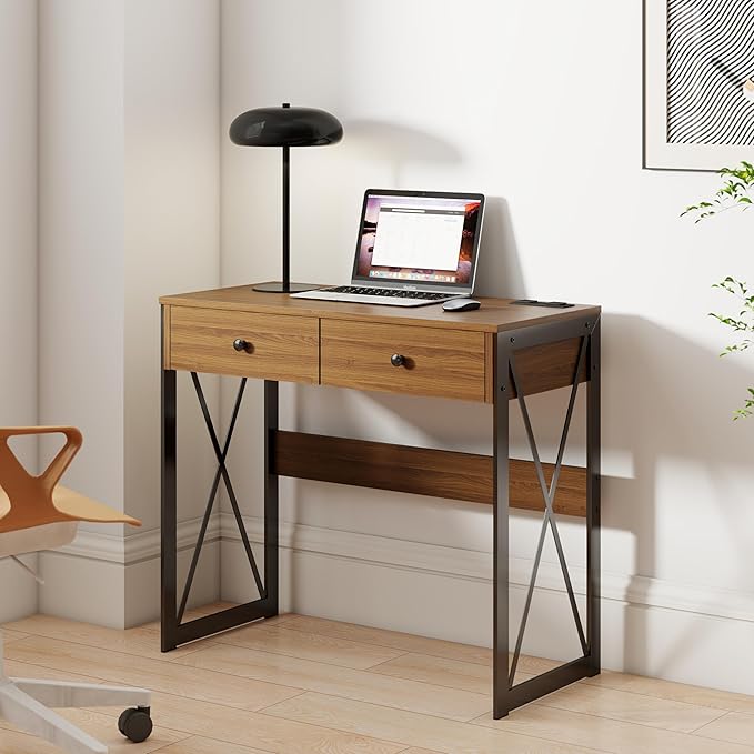 Manora Computer Desk with Power Outlet and USB Ports 31.5” Writing Desk with 2 Drawers Small Home Office Desk with Metal Frame for Bedroom Study or Dorm (Rustic Brown)