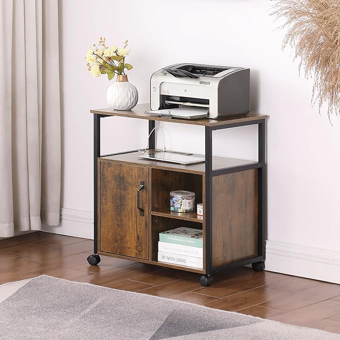 File Cabinet Office Filing Cabinets with Socket and USB Charging Port Printer Stand with Storage for A4 Letter Size Metal Side Frame for Home Office