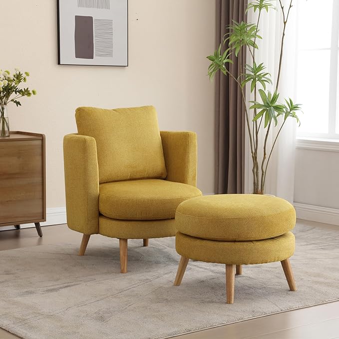 30.7 Wide Accent Chair with Ottoman Armchair Upholstered Reading Chair Single Sofa with Wooden Leg and Throw Pillow for Living Room Bedroom Dorm Room Office Mustard Polyester Blend