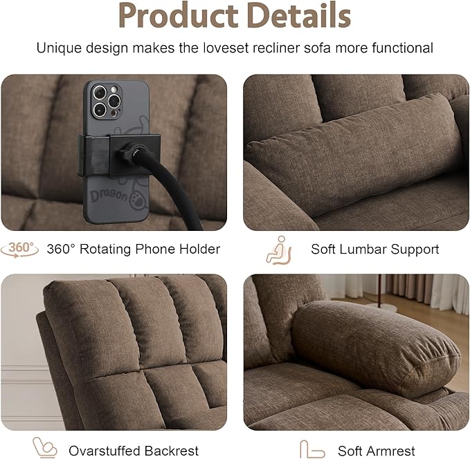 Rocker Recliner-Loveseat Recliner SofaCat-Proof Reclining Loveseat with Phone Holder RV Douber Recliner Sofa for Home TheaterLiving Room (Brown-2 Seater) | Rocker Recliner Phone Holder