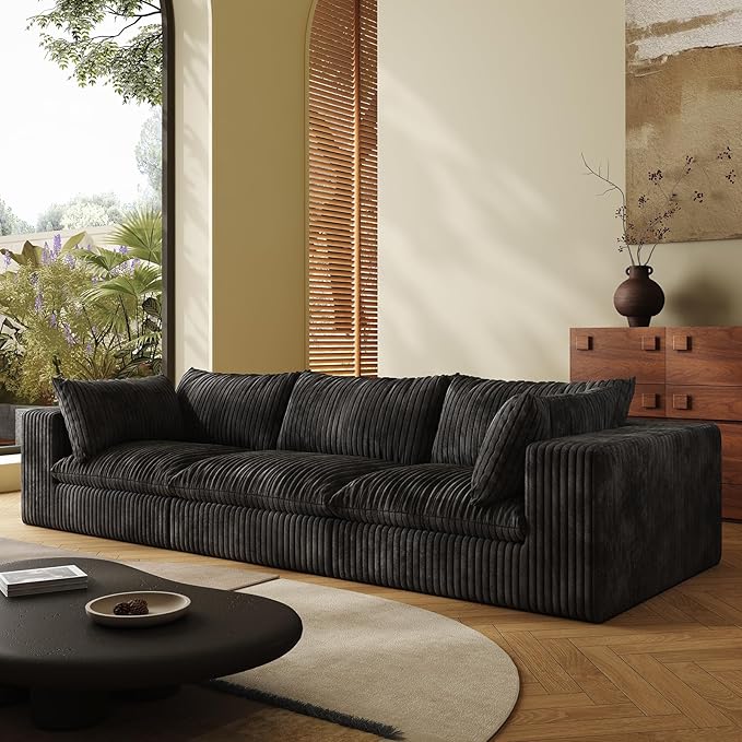 118-inch Boneless Cloud Sofa Modular Corduroy Sectional Couch with Full Foam Compression for Living Room Bedroom Apartment No Assembly Required (Black 3 Seater)