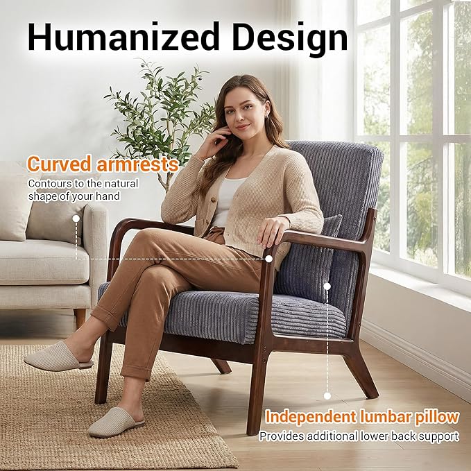 Accent Chair with Side Table Comfy Arm Chair with Solid Wood Frame Upholstered Mid-Century Modern Chair for Living Room Bedroom Waiting Room Dark Grey