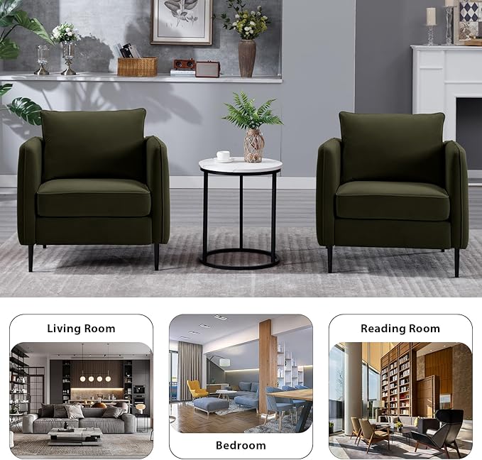 Modern Velvet Accent Chair Sets of 2 Upholstered Single Sofa Chairs Armchair with Square Arm Accent Chairs for Living Room Bedroom Apartment (Velvet Green Chairs * 2)