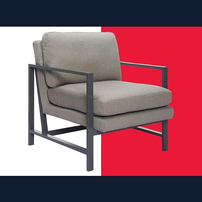 Tommy Hilfiger Russell AccentChair Medium-Soft Pillow Back Mid-Century Modern &amp Industrial Armchair Comfortable LoungeChair for Living Room Bedroom or Office Black Square Metal Frame in Gray
